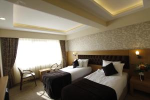 ボルにあるSoylu Hotelのベッド2台と窓が備わるホテルルームです。