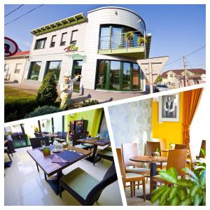 un collage de fotos de un restaurante con mesas y sillas en Fine Restaurant & Apartments, en Malacky