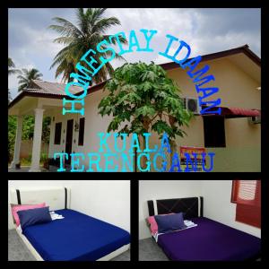 een collage van vier foto's van een huis met een bed bij Homestay Idaman di Kuala Terengganu dengan 2 Bilik Aircond - Harga utk 1 rumah in Kuala Terengganu