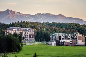 a group of buildings in a field with mountains in the background at English Home in Silver Mountain Resort Poiana Brasov in Poiana Brasov