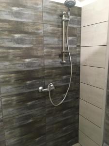 een douche in een badkamer met een houten muur bij VOTIVI in Sanok