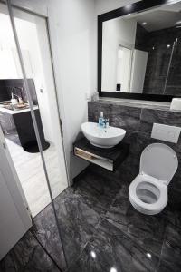 a bathroom with a sink and a toilet and a mirror at Apartment Azulmburgo in Vrnjačka Banja