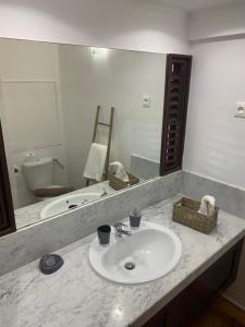 a bathroom with a sink and a large mirror at RÉSIDENCE DE LA BAIE Sunshine TARTANE in La Trinité