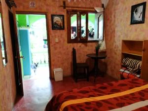 a bedroom with a bed and a table and a chair at Iguana Hostel in San Cristóbal de Las Casas