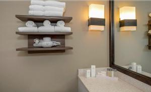 a bathroom with two white towels hanging on the wall at State House Inn in Springfield