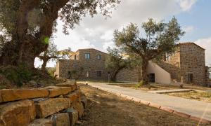 a stone wall next to a building with trees at Afentiko Pigadi in Methoni