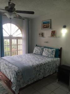 ein Schlafzimmer mit einem Bett und einem großen Fenster in der Unterkunft Secluded Studio@Sky Castles, Columbus Heights, Ocho Rios in Ocho Rios