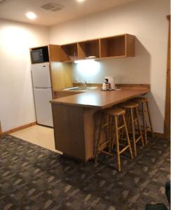 a kitchen with a counter and a sink and a refrigerator at High Country Motel in Bellevue