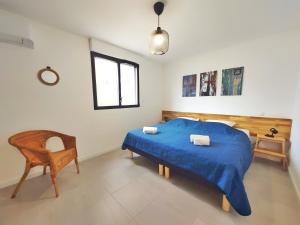 ein Schlafzimmer mit einem blauen Bett und einem Stuhl in der Unterkunft Appartement CATALINA - Double terrasse - WIFI - Clim - PORTICCIO in Porticcio