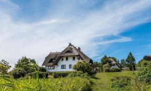 a white house with a thatched roof on a field at Haus am Bodden 03 in Ahrenshoop