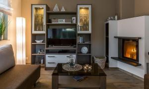 a living room with a television and a fireplace at Haus Seeschwalbe in Ahrenshoop