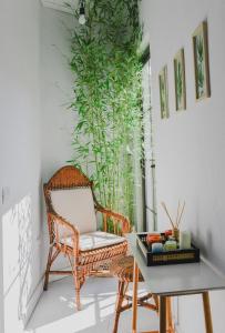 uma cadeira e uma mesa num quarto com uma planta em Atelier Boutique Hotel em Shkodër