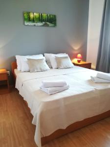 dwa łóżka w pokoju z białymi prześcieradłami i poduszkami w obiekcie Apartment Toncic w mieście Benažići