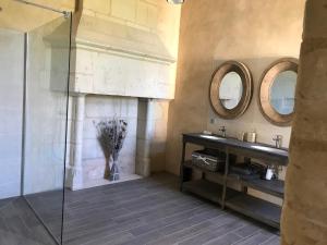 a bathroom with a shower and a sink and mirrors at Manoir de Chandoiseau in Les-Trois-Moutiers