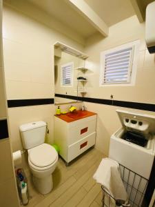 a small bathroom with a toilet and a sink at Maelya House in Sainte-Anne