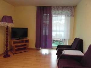 a living room with a tv and a couch and a window at Villa Banita in Ustka