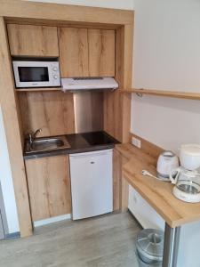a small kitchen with a sink and a microwave at Le Moulin du Verdon in Gréoux-les-Bains