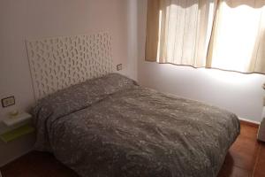 1 dormitorio con 1 cama con edredón gris y ventana en Bonito Apartamento, en San Pedro del Pinatar