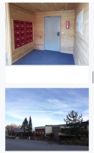 zwei Bilder einer Tür und einer Bank vor einem Gebäude in der Unterkunft Superbe studio praloup 1600 in Pra-Loup