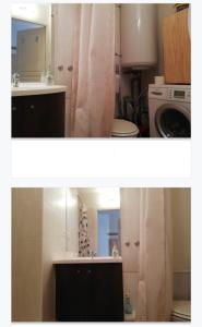 2 fotos de una cocina con fregadero y lavadora en Superbe studio praloup 1600 en Pra-Loup