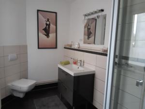 a bathroom with a sink and a toilet and a shower at Ferienwohnung John in Eisenach