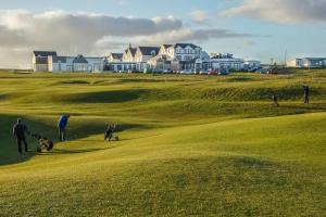 two people and two dogs walking on a golf course at The Great Northern Hotel in Bundoran