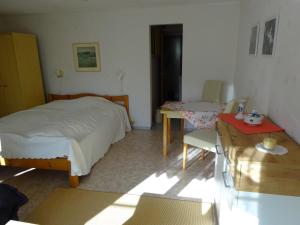 a bedroom with a bed and a table and chairs at Erzgebirgsdomizil am Schwartenberg in Neuhausen