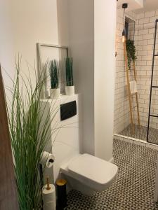 a bathroom with a toilet and potted plants at Sarah Home in Hunedoara