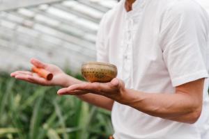 a man holding a small bowl in his hands at Herdade do Ananás in Ponta Delgada