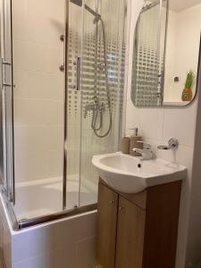 a bathroom with a sink and a shower at Apartament Słoneczny in Świnoujście