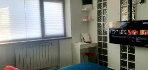 a living room with a window and a tv at Nordapartament in Suceava