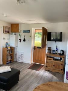 Una sala de estar con un sofá y un televisor y una puerta. en The Snug Ilfracombe, en Ilfracombe