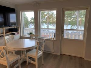 Rämsbyns fritidsby في Idkerberget: غرفة طعام مع طاولة وكراسي ونوافذ