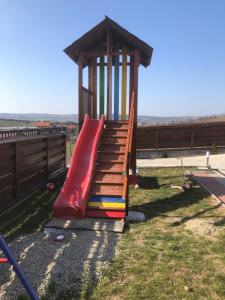 a playground with a slide in the grass at Pensiunea Giulia Home in Dezmir