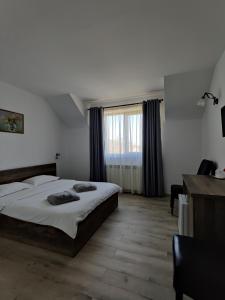 een slaapkamer met een groot bed en een raam bij Pensiunea Roua in Piatra Neamţ