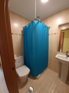 バレイロスにあるLugomarのバスルーム(トイレ、青いシャワーカーテン付)