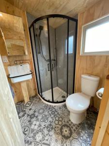 a small bathroom with a shower and a toilet at Keepers Cottage in Ipswich
