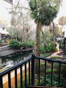 a balcony with a tree and a pond at Springwood Villas with pool excess half a mile from beach in Hilton Head Island