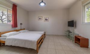 1 dormitorio con 2 camas y TV de pantalla plana en Mizra Guest House, en Mizra‘