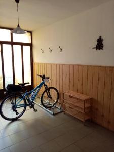 Una bicicleta estacionada en una habitación con pájaros en la pared en Ubytování v soukromí en Tvrdonice