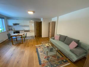 uma sala de estar com um sofá e uma mesa em Apartments Traun-haft em Bad Aussee