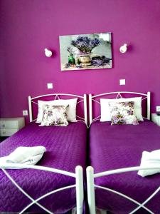 two beds in a room with purple walls at Nancy Studios in Skala Kallonis