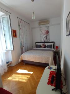 1 dormitorio con 1 cama y escritorio con TV en Apartments Eldin en Dubrovnik