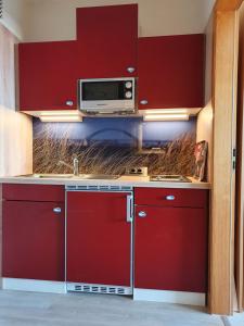 una cucina con armadi rossi e forno a microonde di Kleine Hafenliebe a Fehmarn