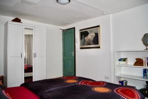 - une chambre avec un lit et une porte verte dans l'établissement Wohnen am Ufer der Mosel in Trier, à Trèves