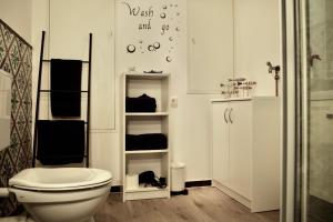 ein weißes Badezimmer mit Toilette und Waschbecken in der Unterkunft Wohnen am Ufer der Mosel in Trier in Trier