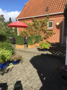 a house with a patio with plants and an umbrella at Birkevej 9, Ry in Ry