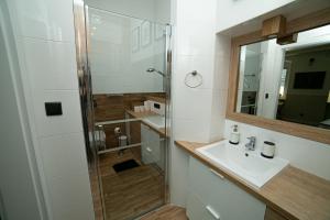 łazienka z umywalką i prysznicem w obiekcie Apartament Mały Rynek w Kazimierzu Dolnym