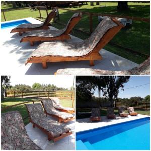 a collage of four pictures of a benchituresitures at Cabañas la soñada in Chascomús