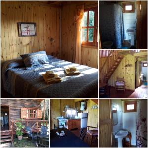 un collage de fotos de un dormitorio con cama en Cabañas la soñada en Chascomús